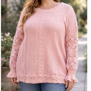 Pink Cottagecore Lace Sleeve Knit Sweater 2XL Boho Romantic Top